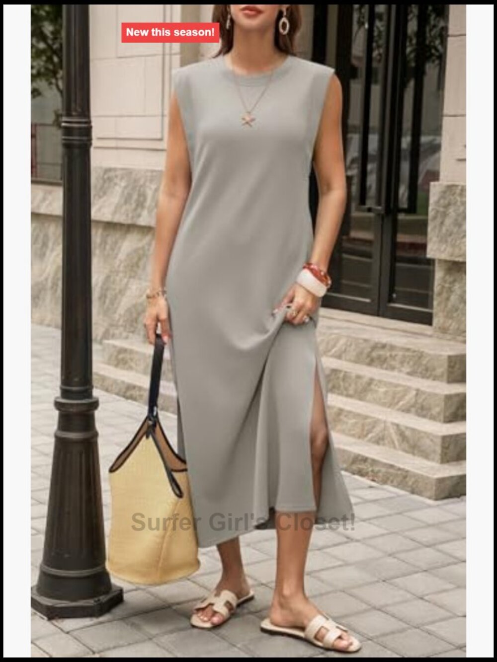 Crewneck Sleeveless Maxi Dress with Pockets Side Slit Summer - Picture 3 of 7